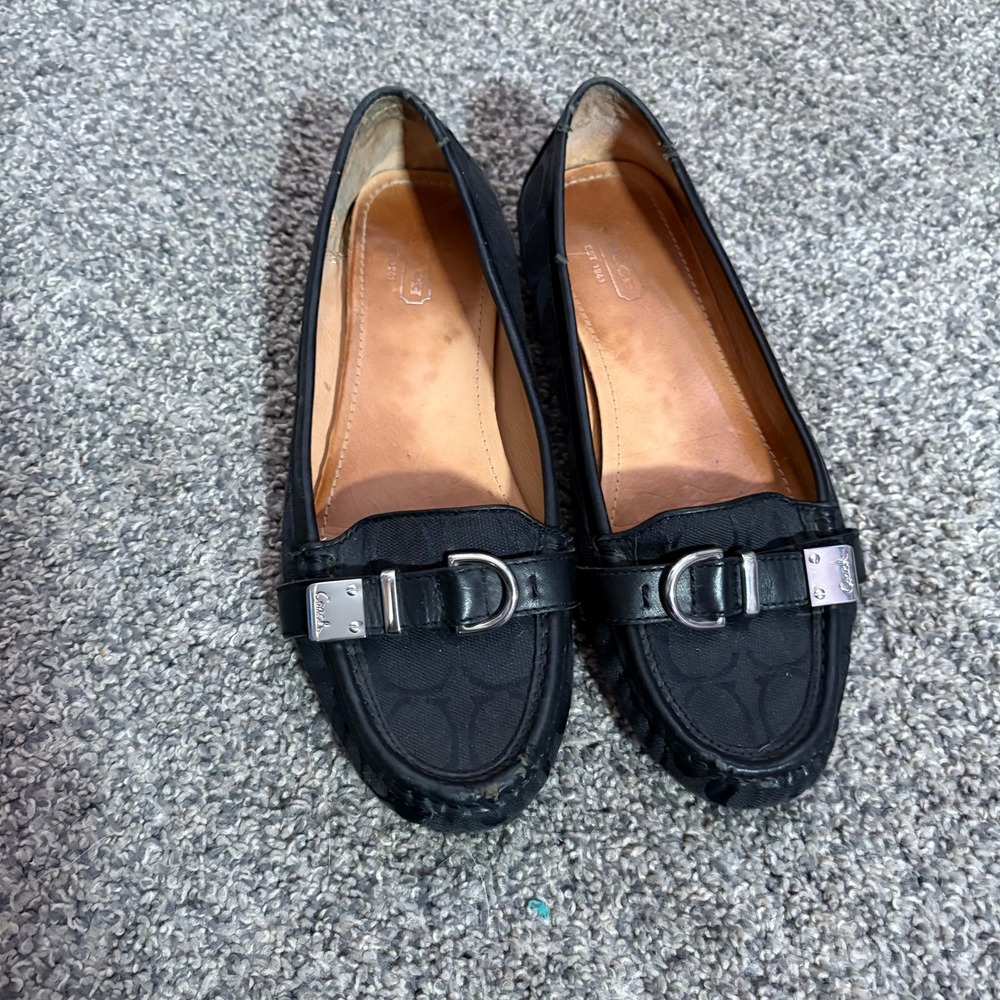 Coach Black Signature Canvas Logo‎ Buckle Loafer Flats Women's Shoes